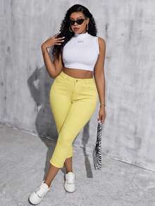 SHEIN Tall CURVE Plus Size Women White Denim Elastic Skinny Capri Pants - Yellow - View 8
