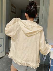 Dazy Plus Hooded Long Sleeve Loose Textured Fabric Lace Patchwork Casual Vacation Style Regular Jacket, Plus Size Women, Spring/Summer - Apricot - View 3