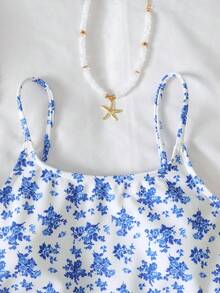 SHEIN 少女海滩度假碎花连体泳衣配罩裙 - 藍色 - 查看 6