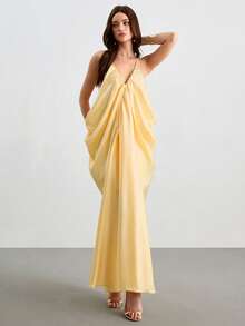 CielaLinda Women's Pale Yellow Summer Seductive Vacation Dress,Satin Spaghetti Strap Ruched Draped Cowl Neck Elegant Flowy Midi Chic Minimalist Wedding Guest - Light Yellow - View 6
