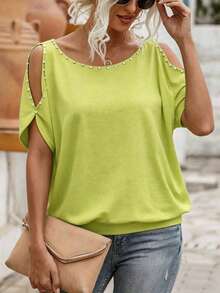 EMERY ROSE 女款純色露肩休閒性感百搭日常穿搭 T-shirt 高爾夫萊姆綠 夏季早午餐 - 橄欖綠 - 查看 6