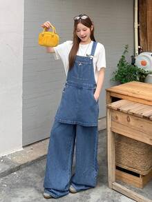DAZY Mono de mezclilla casual y versátil para uso diario con bolsillos para mujer - Azul - Ver 3