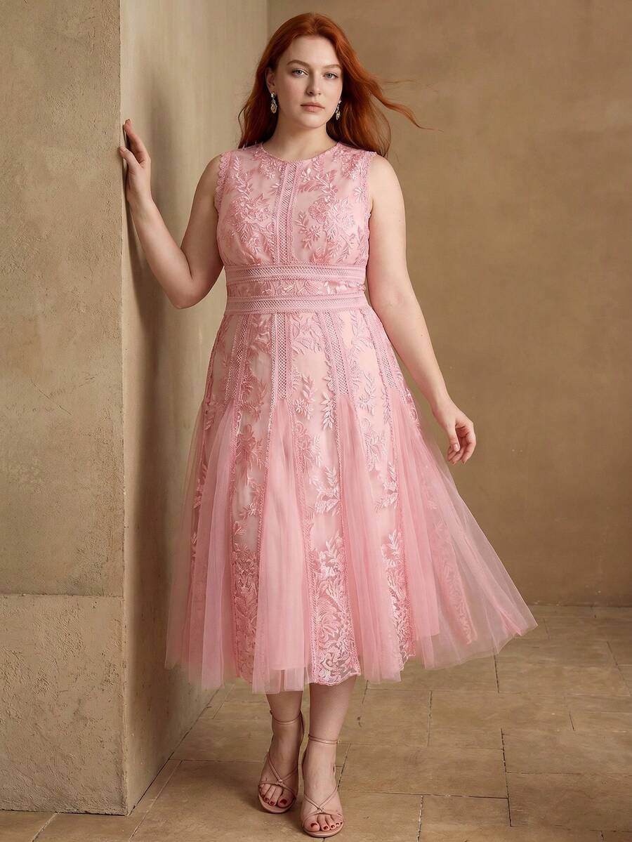 MOTF PREMIUM PLUS SIZE WOMEN'S LACE EMBROIDERED SPLICE FLORAL HEM ELEGANT PINK SLEEVELESS MID-LENGTH DRESS, SUITABLE FOR DATES IN SPRING/SUMMER - Pink - View 1
