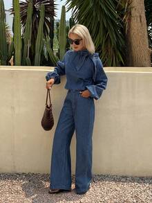 Livesso Conjunto de top de manga larga con nudo delantero y pantalones largos casuales de mezclilla para mujer, adecuado para fiesta, playa, vacaciones - Azul - Ver 5