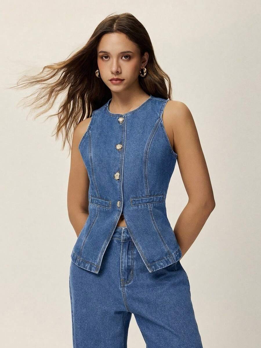 Poéselle Bộ đồ denim nữ dáng thường ngày gồm áo cổ tròn cài cúc đơn và quần dài. - Màu xanh lam - Xem 1