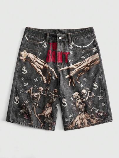 ROMWE MEN Street Life Quần short denim nam in hình đầu lâu, kiểu dáng thường ngày, thích hợp cho mùa hè.