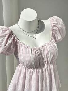 Elamini 女士舒适方领粉色格纹短袖衬衫，女式衬衫，夏季上衣，夏季服装，夏季，假日，夏日，海滩 - 粉色 - 查看 3