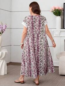 Lacomfia Summer Contrast Lace Trim Ditsy Floral Plus Size Women Dress - Multicolor - View 2