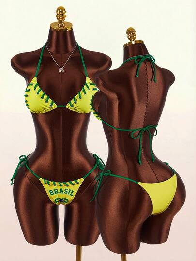 Amplova Women's Swimsuit Set, Yellow-Green Color Blocking, Sexy & Avant-Garde, Suitable For Holiday Wear, With Tie Rope Details