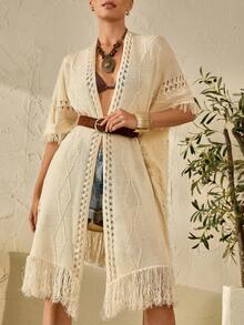 Bóhologie Áo kimono nữ có chi tiết bèo nhún, thích hợp mặc đi biển. - Màu be - Xem 5