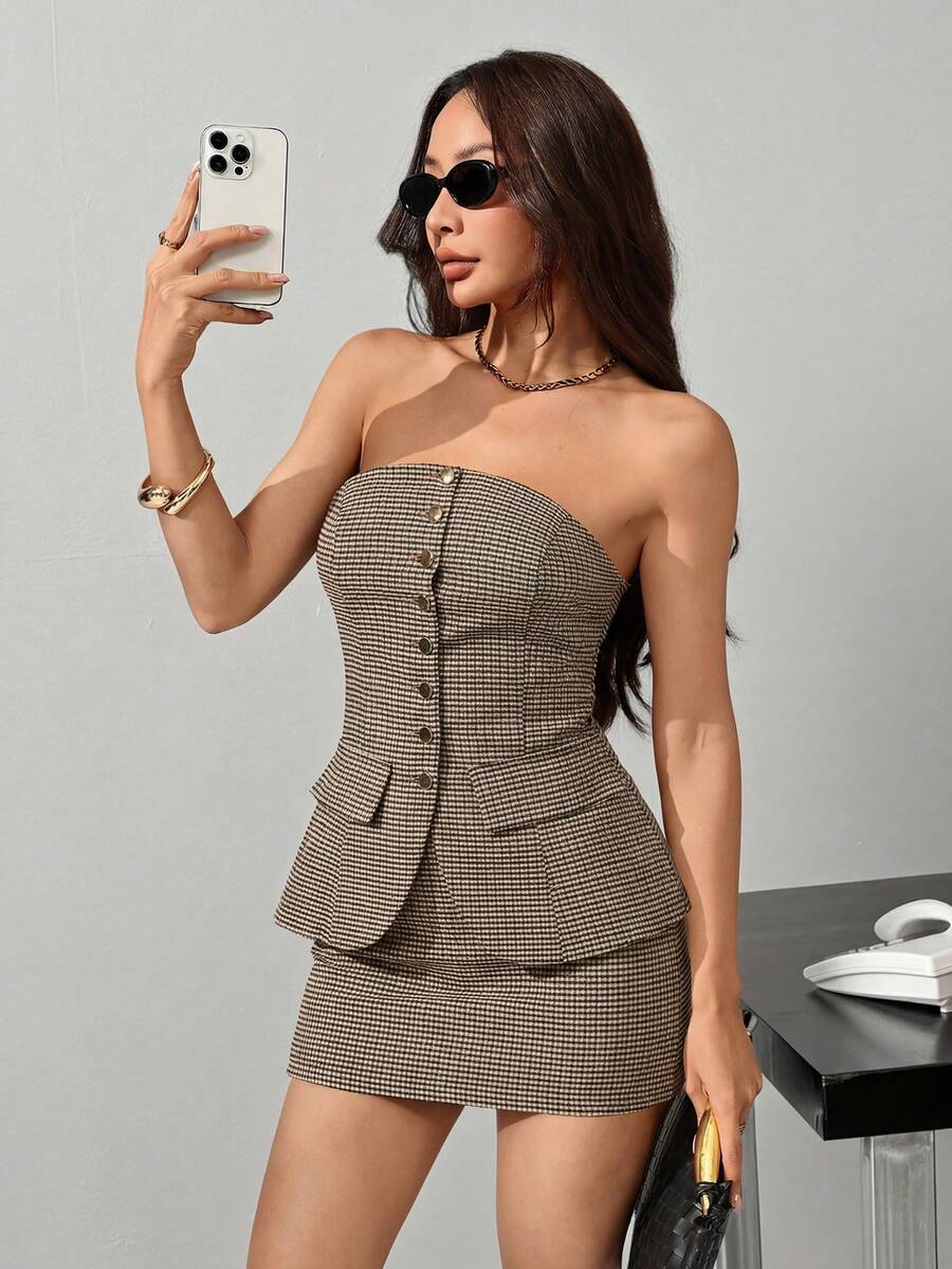 SHEIN PETITE 新款女款細條紋抹胸上衣與迷你裙套裝,優雅女士兩件式套裝,適合通勤,夏季女裝,適合嬌小女性 - 彩色 - 查看 1