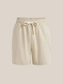 VeloEdit Short en lin décontracté pour hommes, couleur unie avec cordon de serrage à la taille, tissé, kaki, convient pour l'été pour les hommes, avec poches, vieux style, cadeau de la fête des pères pour le père et le petit ami, tenues - Kaki - Voir 1