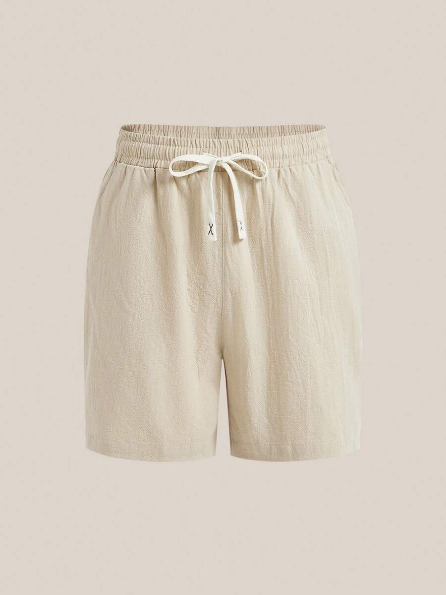 VeloEdit Short en lin décontracté pour hommes, couleur unie avec cordon de serrage à la taille, tissé, kaki, convient pour l'été pour les hommes, avec poches, vieux style, cadeau de la fête des pères pour le père et le petit ami, tenues - Kaki - Voir 1