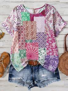 SHEIN LUNE CURVE Camisa feminina plus size com gola redonda, estampa por toda a peça, casual e versátil para uso diário. - Multicolorido - Ver 1