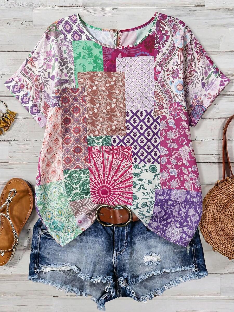 SHEIN LUNE CURVE Camisa feminina plus size com gola redonda, estampa por toda a peça, casual e versátil para uso diário. - Multicolorido - Ver 1