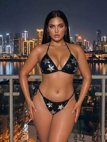 Swim SXY Bộ bikini hai mảnh họa tiết ngôi sao năm cánh đính sequin đen trắng gợi cảm lãng mạn kiểu dáng mùa hè 2026, thích hợp cho bãi biển, kỳ nghỉ, tiệc trà chiều, dã ngoại, tiệc tùng, hoạt động thường ngày và ngoài trời. - màu đen - Xem 8