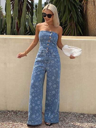 Livesso Spring & Summer Business Casual Floral Print Sleeveless Jacket And Straight Wide Leg Jeans 2-Piece Suit For Women