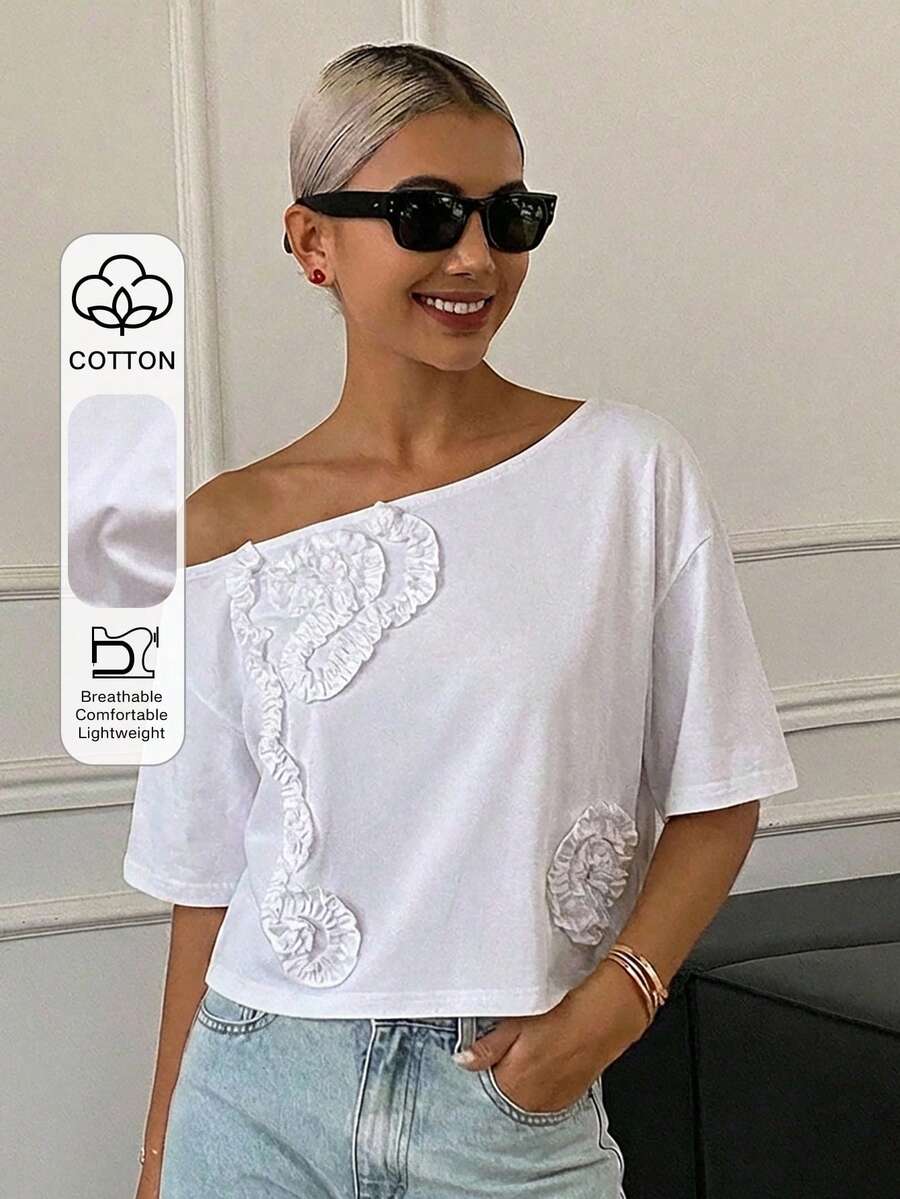 DAZY 女士休闲褶皱印花宽松短袖圆领露脐T恤,夏季 - 白色 - 查看 1