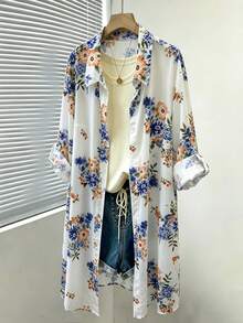 Linhara Moda primavera/verano para mujer talla grande: Camisa casual, sencilla y versátil con estampado floral retro aleatorio y cuello, con longitud de manga ajustable - Perfecta para atuendos de primavera y verano - Albaricoque - Ver 1