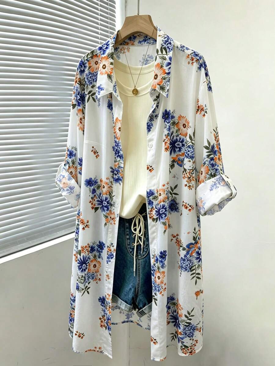 Linhara Moda primavera/verano para mujer talla grande: Camisa casual, sencilla y versátil con estampado floral retro aleatorio y cuello, con longitud de manga ajustable - Perfecta para atuendos de primavera y verano - Albaricoque - Ver 1