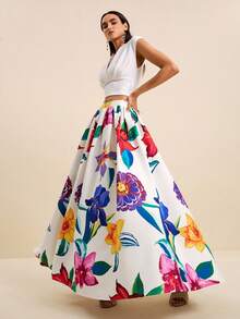 LOTSLUV Women's Loose Flared Skirt With Large Floral Print On White Flower Background, Suitable For Spring/Summer Vacation, Long Skirt Beach Conservative - White - View 6