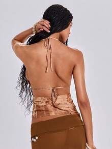 ROMWE Y2K Spring/Summer Vacation Sexy Vintage Floral Brown Print Criss-Cross Backless Halter Neck Tank Top For Women - Khaki - View 2