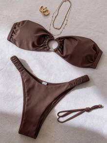 Elavelle Women's Solid Color Strapless Circular Decor Bikini Set, Spring/Summer - Brown - View 5