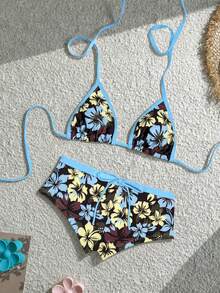 Elavelle Bộ bikini hai mảnh buộc cổ tam giác in họa tiết hoa dâm bụt nhiệt đới, viền đen và xanh dương, thích hợp cho kỳ nghỉ. - Nhiều màu - Xem 3