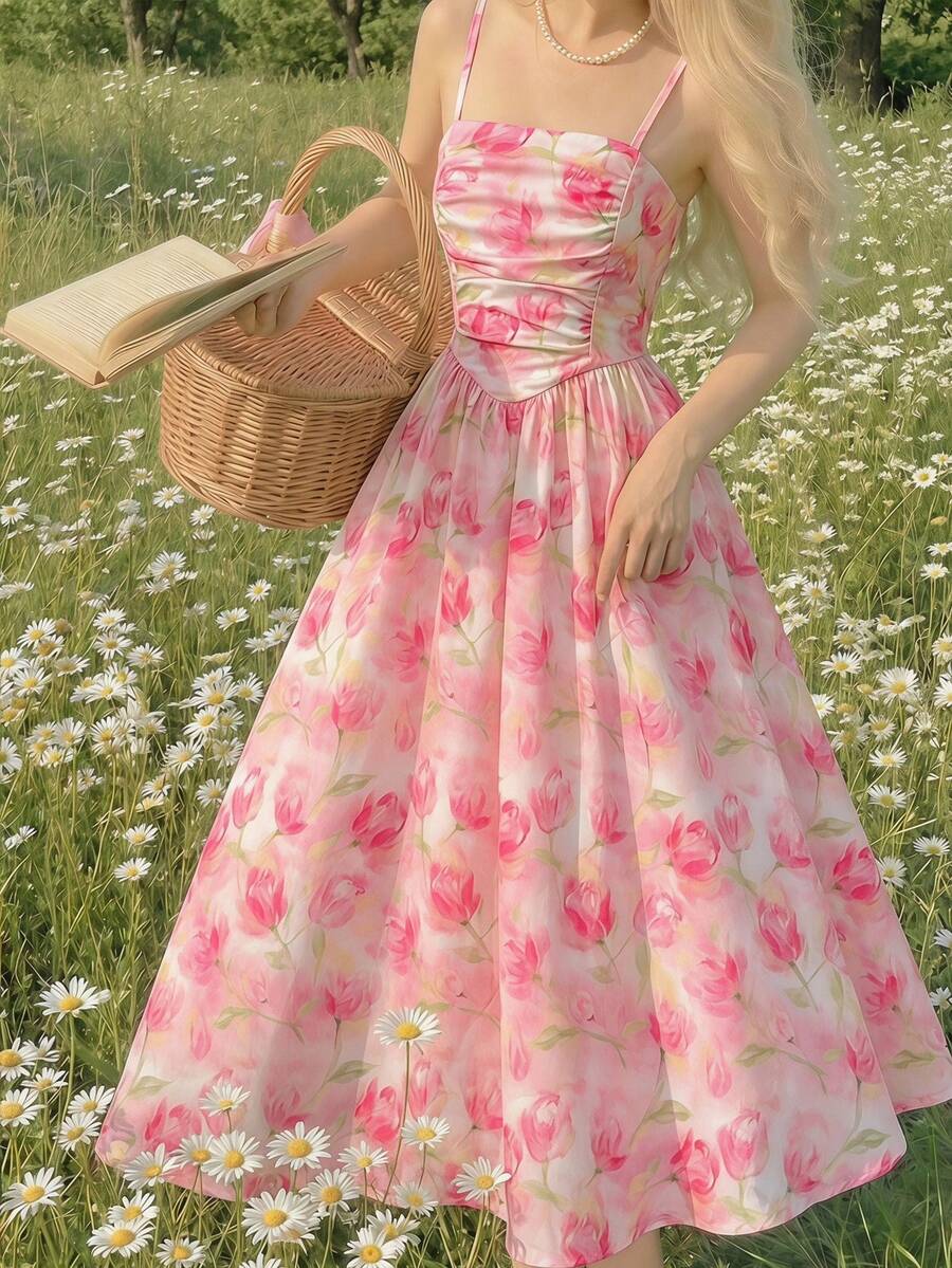 SHEIN 少女优雅度假粉色碎花连衣裙 复古碎花连衣裙 野餐连衣裙 夏季美感连衣裙 茶会连衣裙 花园派对连衣裙 夏季美感连衣裙 - 粉色 - 查看 1