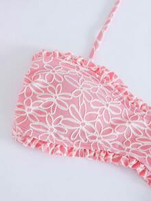 ROMWE Kawaii Women's Summer Beach Vacation Floral Print Backless Tie-Front Bikini Set - Pink - View 3