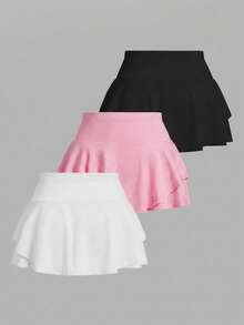 SHEIN Girlism Bộ 3 món cho bé gái mùa xuân/hè, màu trơn đen/trắng/hồng, váy ngắn và quần short, thích hợp mặc hàng ngày, đi nghỉ mát, mua 1 tặng 3. - Nhiều màu - Xem 2
