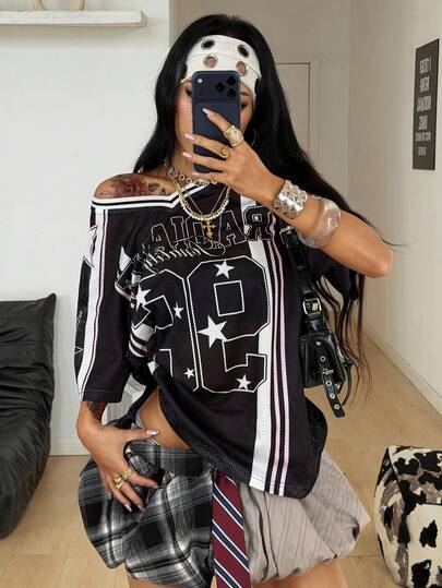 Coolane Women's Summer Festival Vintage Streetwear Sportswear Number Printed Oversized Baseball Jersey T-Shirt