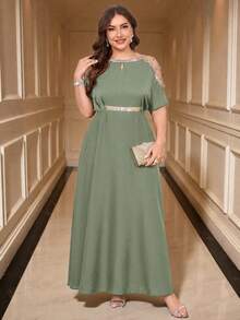 SHEIN Clasi Plus Size Elegant Splice Ribbon Open Shoulder Waist Tie Dress, Summer - Mint Green - View 7