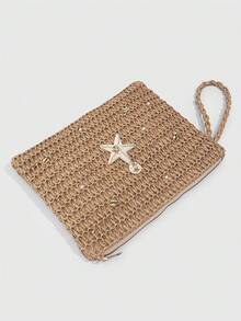 SHECARRY 1Pc Bohemian Vacation Style Corn Husk Woven Clutch, Rhinestone ,Starfish, Coconut Tree Decor, Women's Evening Bag,Spring Summer Resort Woven Clutch, Starfish & Pearl & Shell Decor, Corn Husk Handbag For Women - Multicolor F - View 4