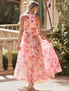 Amorya Women's Elegant Pink Floral Maxi Dress,Summer V-Neck Ruffle Hem Garden Party Holiday Outfit,Holiday Wedding Guest Graduation Prom Dresses - Pink - View 3