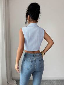 Elenzga Camisa sin mangas de rayas azules y blancas con fruncido en la cintura, nueva llegada de verano para mujer, adecuada para vacaciones en la playa y el té de la tarde - Azul - Ver 2