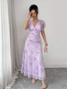 Elenzga Đầm dài nữ màu hồng nhạt, chất liệu lưới, in họa tiết hoa mẫu đơn, có lớp lót, phù hợp cho phụ nữ từ 20-35 tuổi trở lên, dự tiệc tối trang trọng, đám cưới, hẹn hò Valentine (Họa tiết hoa ngẫu nhiên) - Màu tím hoa cà - Xem 6