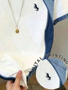 Resyla Kaos Wanita Kasual Motif Patchwork Denim, Leher Bulat, Lengan Pendek, Musim Panas - Putih - View 4