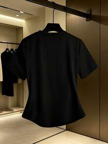GlowEve CURVE Plus Size Rhinestone Inlaid Mesh Patchwork Round Neck T-Shirt, Waist Cinched Slim Fit, Spring Top - Black - View 2