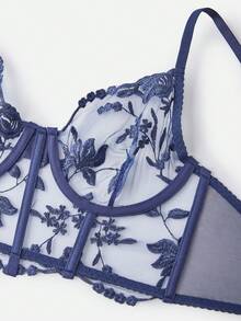 Bella Beso 海軍藍花卉刺繡性感半透明女款內衣 夏季適用 - 查看 3
