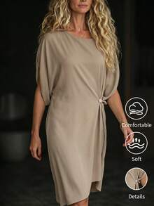SHEIN Khaki Casual Long Dress For Women Plain Round Neck Batwing Short Sleeve Tunic With Twist Detail Straight Hem Beach Dress - Khaki - View 2
