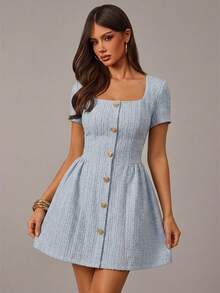 Radiana Women's Tweed Short Sleeve Square Neck Mini Dress Casual Chic Light Blue Button Front Dress For Everyday Style - Blue - View 5