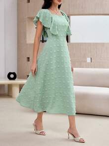 Modelyn 女士方领短袖修身绿色毛球设计休闲长连衣裙，适合度假穿着 - 綠色 - 查看 6