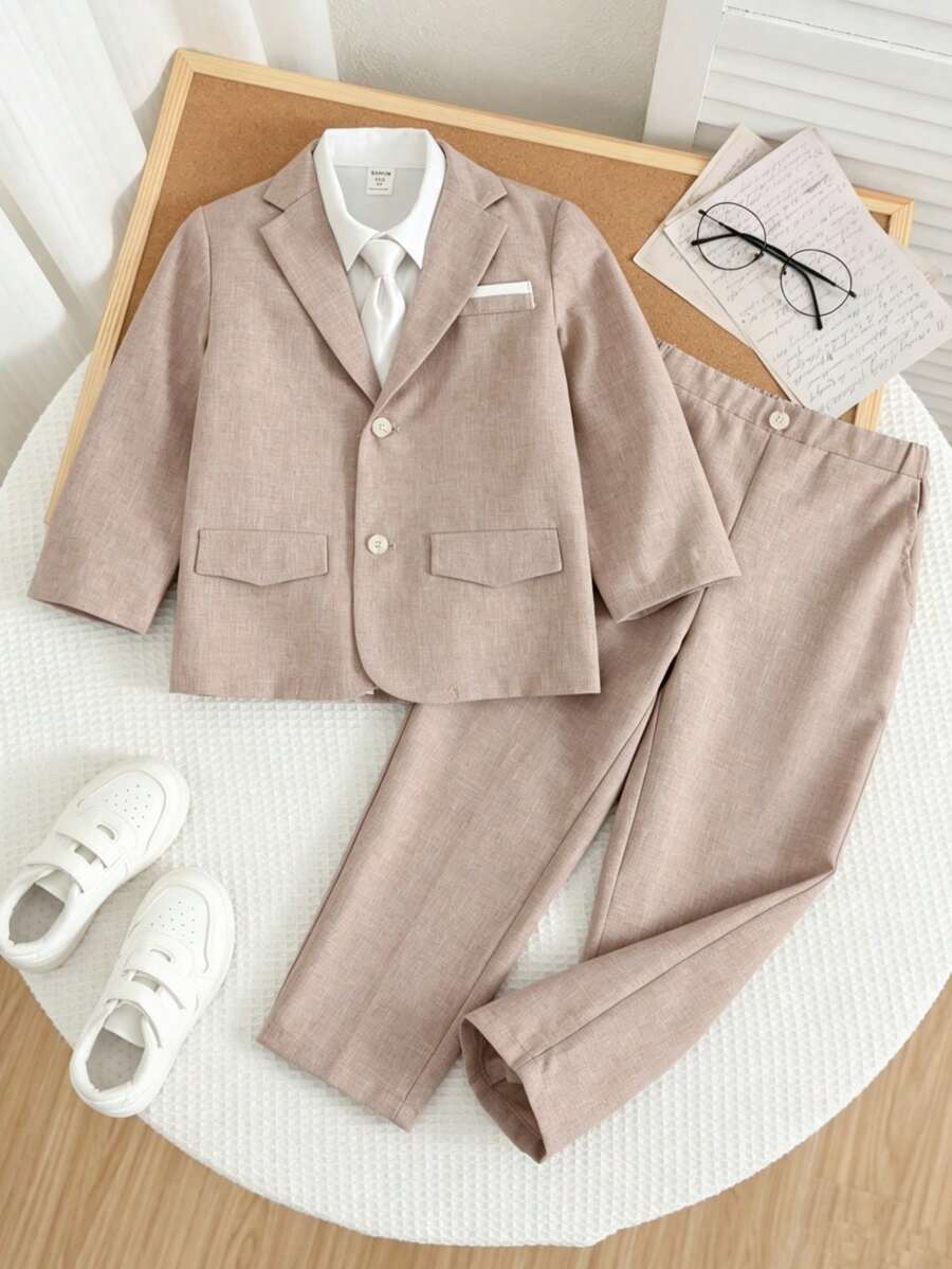 SHEIN 男童正式卡其色简约廓形西装外套长袖套装,含西装裤和领带,适合正式婚礼季穿着,休闲学院风舒适时尚简约实用,适合度假、派对、春夏穿着。 - 卡其色 - 查看 1