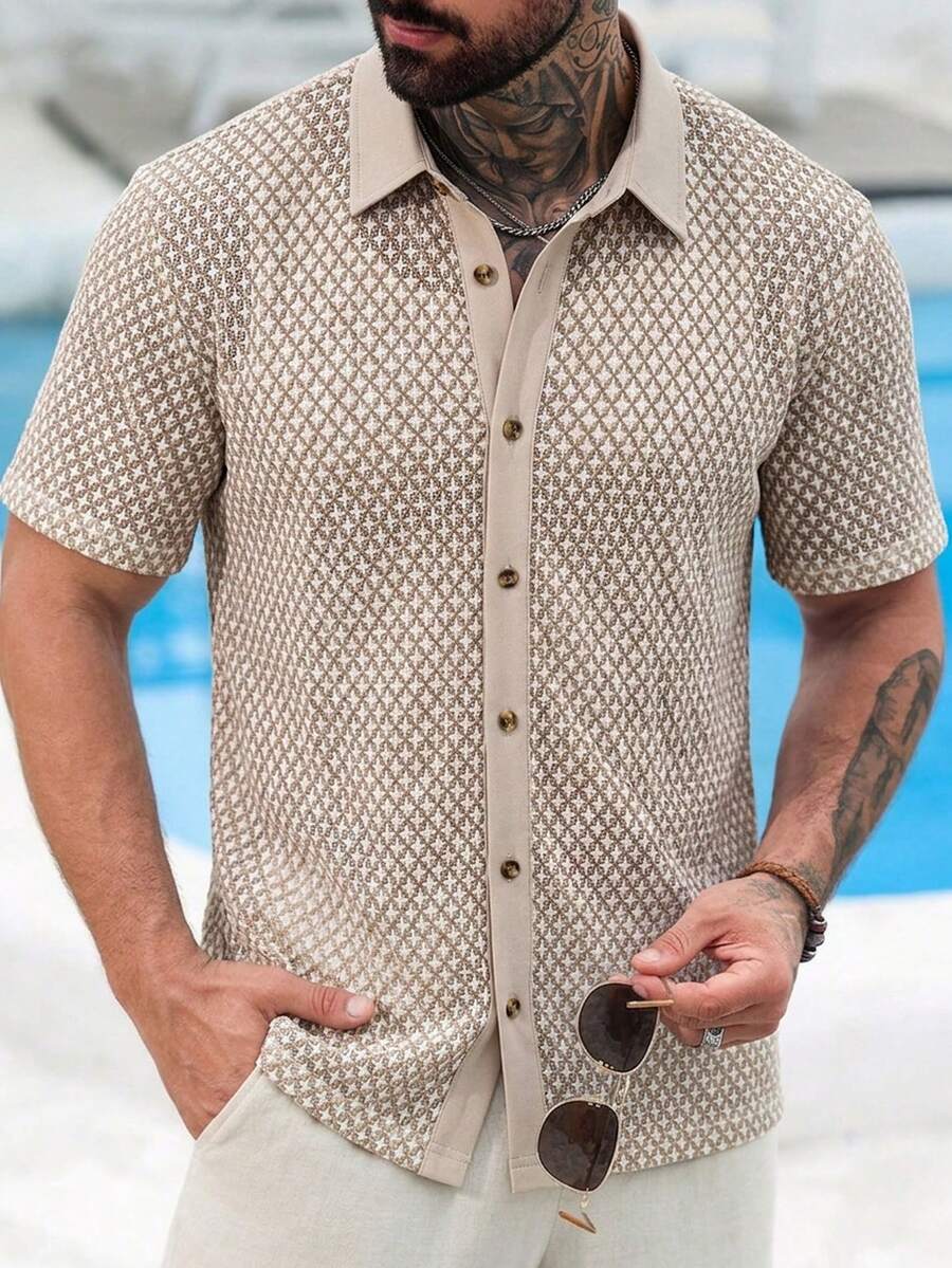 VENTUSAIL 男士针织提花撞色休闲假日短袖衬衫 - 卡其色 - 查看 1