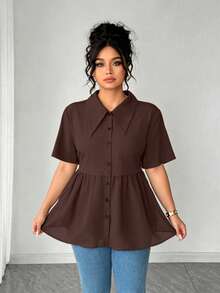 SHEIN Elenzya 大尺碼女款 2合1 素色黑色雪紡百褶短袖上衣 - 棕色 - 查看 3