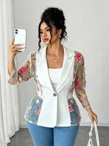 Elenzga Plus Size Women Floral Embroidery Mesh Patchwork Elegant Blazer - White - View 3