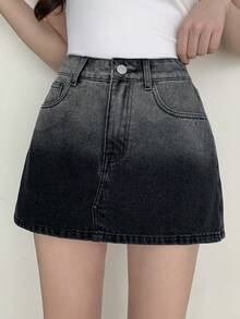 DAZY Pantalón falda de mezclilla versátil y casual con bolsillos en ángulo y efecto degradado para mujer - Negro - Ver 8