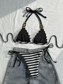 Swim Vcay Bộ bikini gợi cảm buộc dây cổ, kẻ sọc, dành cho nữ, thích hợp mặc đi biển mùa hè. - Nhiều màu - Xem 2