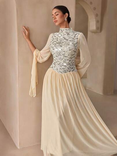 Graceveil Apricot Mesh Patchwork Beaded Waist Elegant Formal Dress For Women